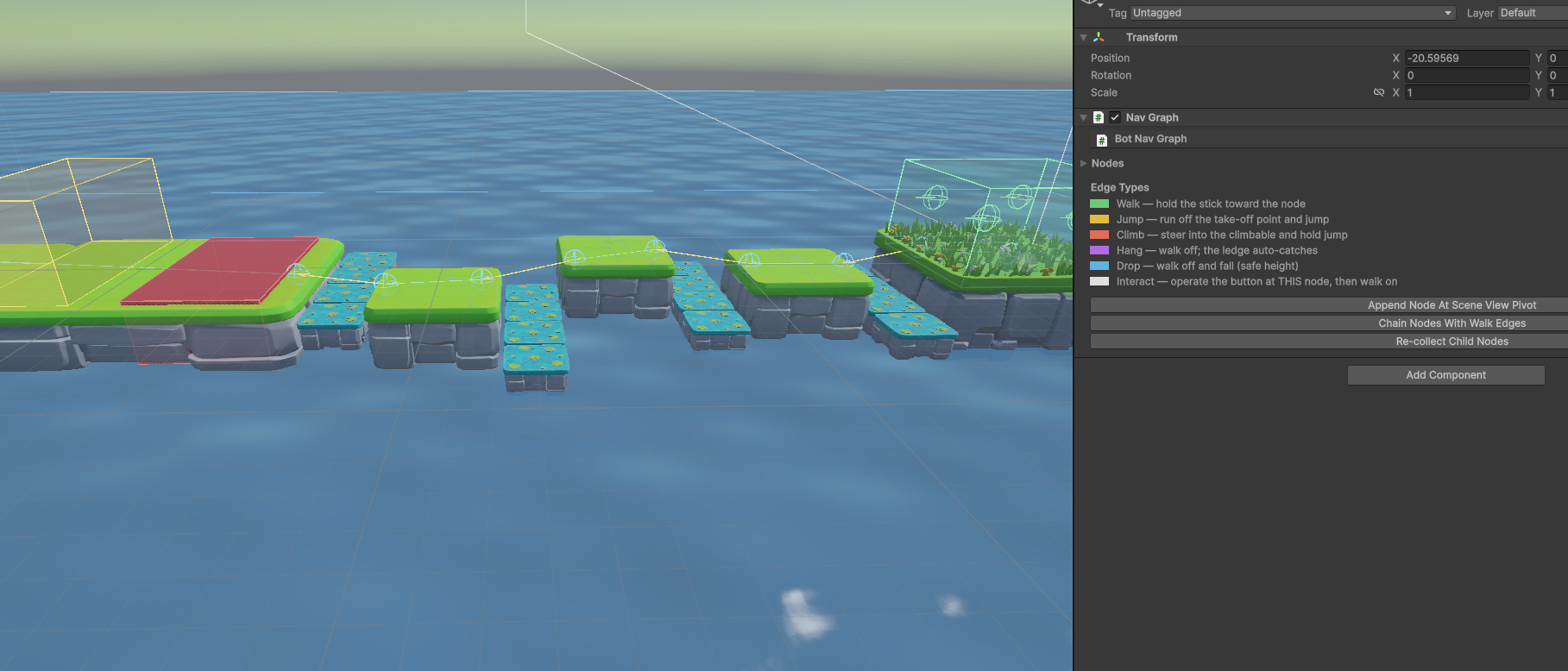 A NavGraph drawn over a generated course in the Scene view, with the Nav Graph inspector beside it listing every edge type and its colour