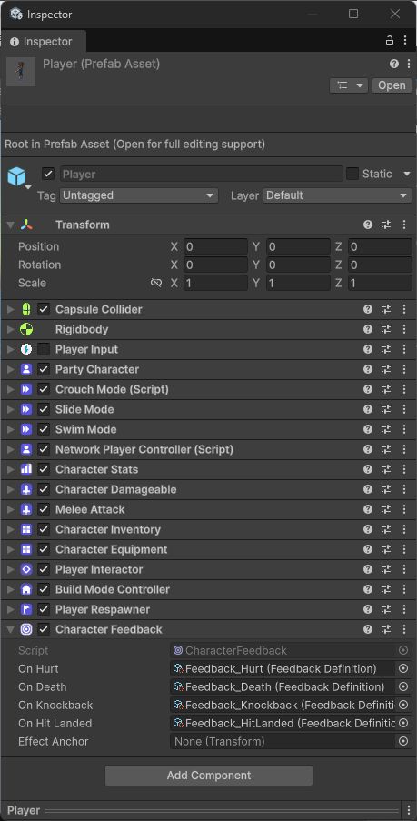CharacterFeedback's Inspector showing the four Feedback Definition slots and the effect anchor field