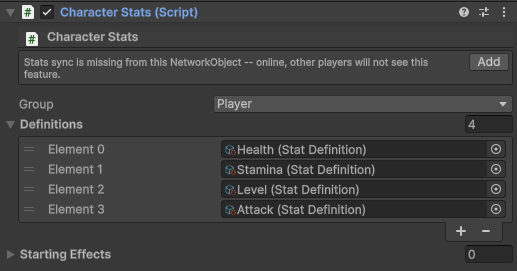The CharacterStats inspector showing the missing-replicator hint