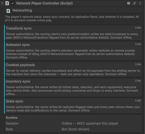 The dashboard in play mode with Live rows and the Session/Role readout