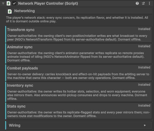 The networking dashboard: concern rows with accent bars, flavor text and installed states