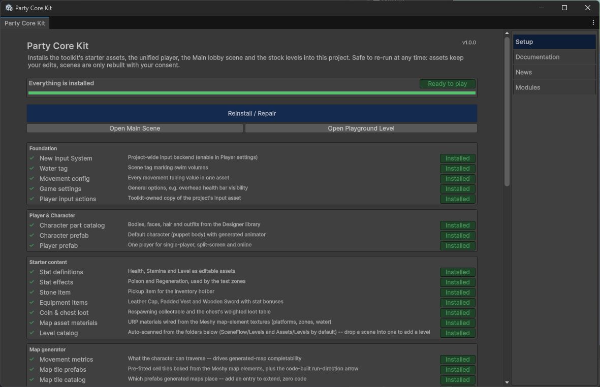 The Party Core Kit Setup Window with its status summary, install button and module list