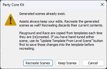 The Recreate Scenes / Keep Scenes / Cancel dialog shown when generated scenes already exist
